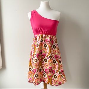 One Shoulder Hot Pink and Floral Lined Dress